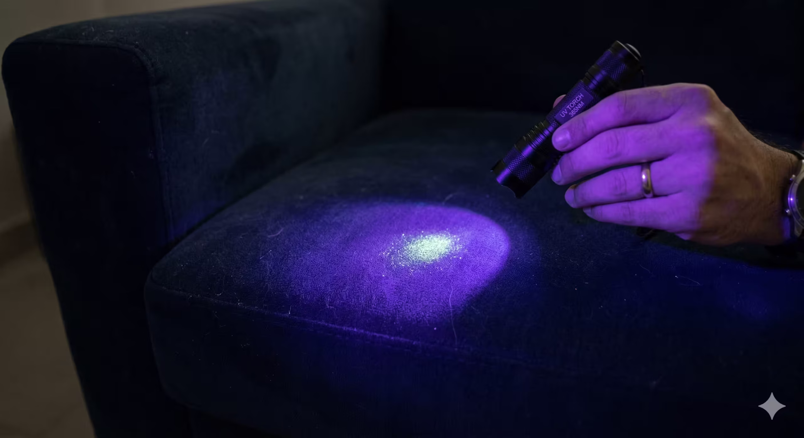 Specialist UV light detection identifying hidden biological stains and spills on sofa fabric.